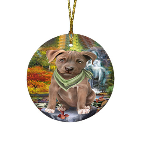 Scenic Waterfall Pit Bull Dog Round Flat Christmas Ornament RFPOR51912