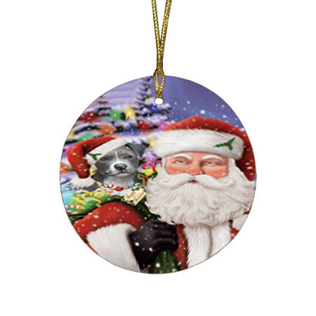 Santa Carrying Pit Bull Dog and Christmas Presents Round Flat Christmas Ornament RFPOR53994