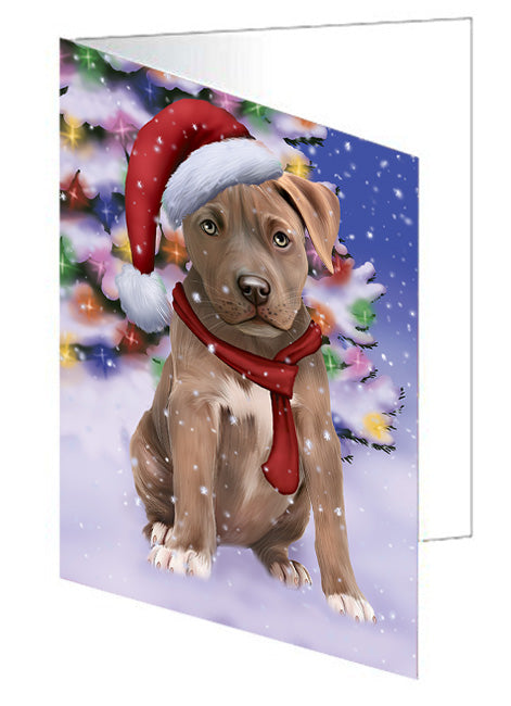Winterland Wonderland Pit bull Dog In Christmas Holiday Scenic Background  Handmade Artwork Assorted Pets Greeting Cards and Note Cards with Envelopes for All Occasions and Holiday Seasons GCD64247