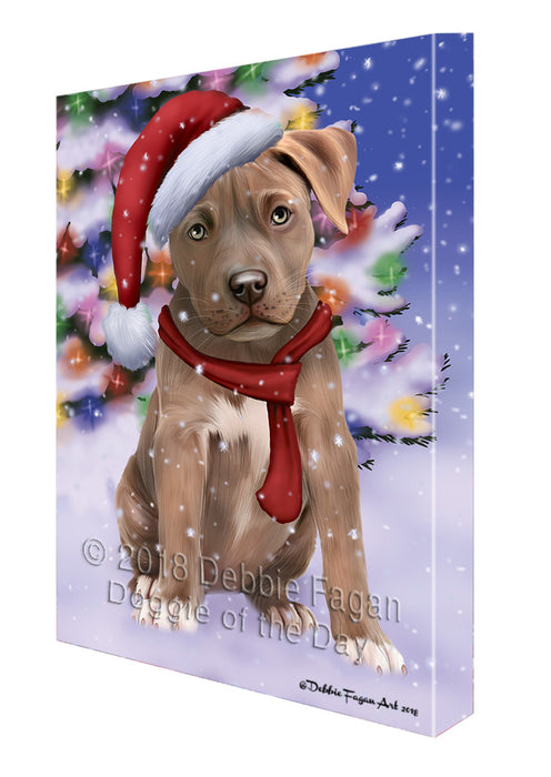 Winterland Wonderland Pit bull Dog In Christmas Holiday Scenic Background  Canvas Print Wall Art Décor CVS98504