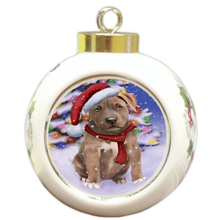 Winterland Wonderland Pit bull Dog In Christmas Holiday Scenic Background  Round Ball Christmas Ornament RBPOR53406
