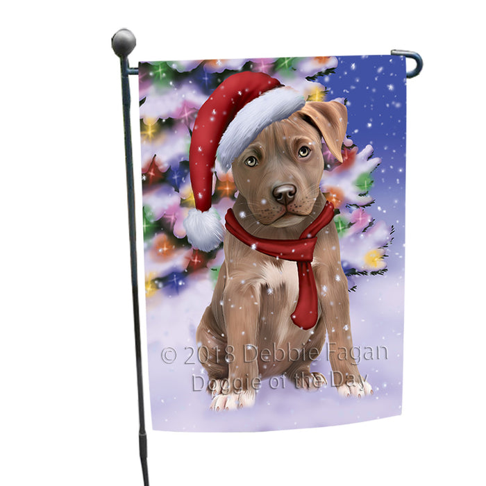 Winterland Wonderland Pit bull Dog In Christmas Holiday Scenic Background  Garden Flag GFLG53468