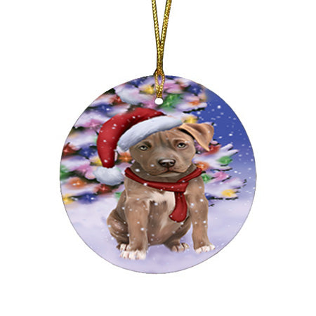 Winterland Wonderland Pit bull Dog In Christmas Holiday Scenic Background  Round Flat Christmas Ornament RFPOR53397