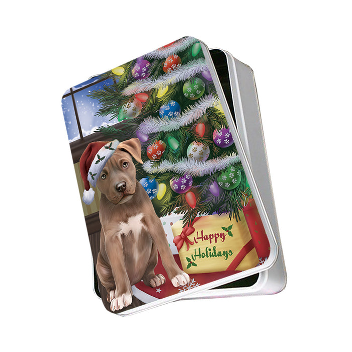 Christmas Happy Holidays Pit Bull Dog with Tree and Presents Photo Storage Tin PITN53786