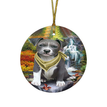 Scenic Waterfall Pit Bull Dog Round Flat Christmas Ornament RFPOR51913