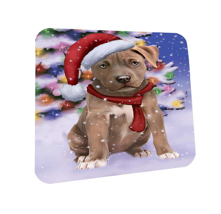Winterland Wonderland Pit bull Dog In Christmas Holiday Scenic Background  Coasters Set of 4 CST53364