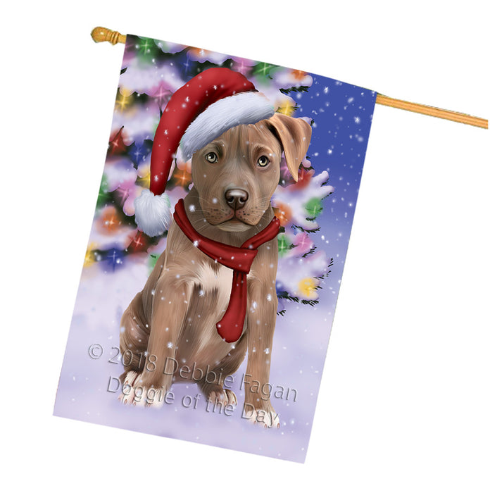 Winterland Wonderland Pit bull Dog In Christmas Holiday Scenic Background  House Flag FLG53604