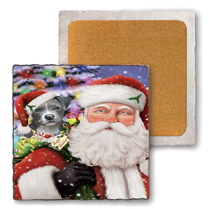 Santa Carrying Pit Bull Dog and Christmas Presents Set of 4 Natural Stone Marble Tile Coasters MCST49003