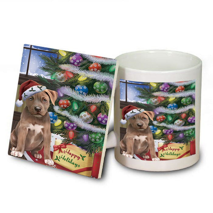 Christmas Happy Holidays Pit Bull Dog with Tree and Presents Mug and Coaster Set MUC53835