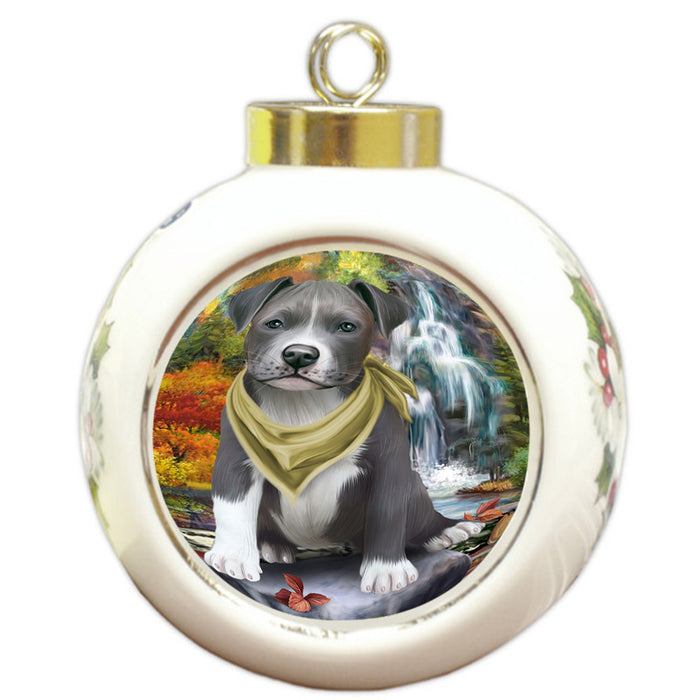 Scenic Waterfall Pit Bull Dog Round Ball Christmas Ornament RBPOR51922