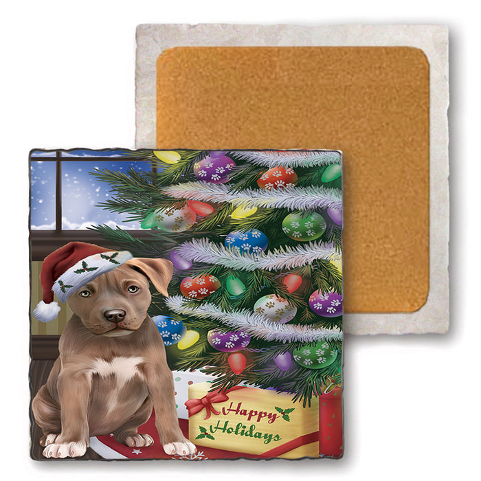 Christmas Happy Holidays Pit Bull Dog with Tree and Presents Set of 4 Natural Stone Marble Tile Coasters MCST48843