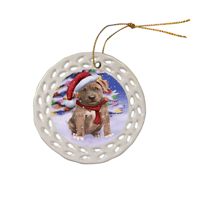 Winterland Wonderland Pit bull Dog In Christmas Holiday Scenic Background  Ceramic Doily Ornament DPOR53406