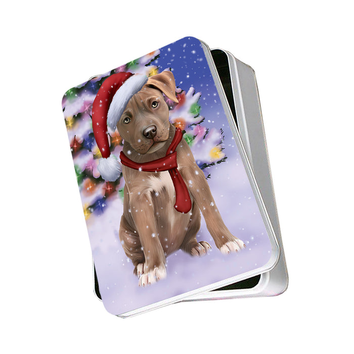 Winterland Wonderland Pit bull Dog In Christmas Holiday Scenic Background Photo Storage Tin PITN53406