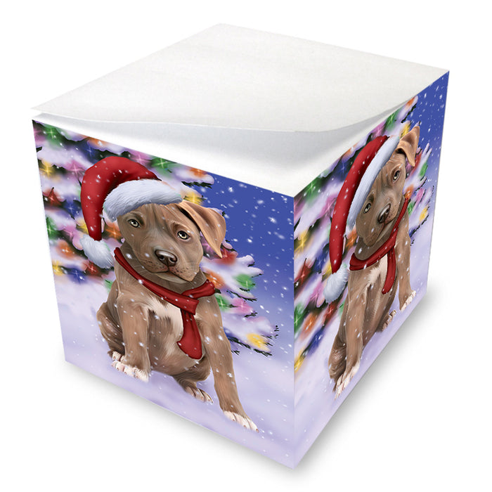 Winterland Wonderland Pit bull Dog In Christmas Holiday Scenic Background Note Cube NOC53406