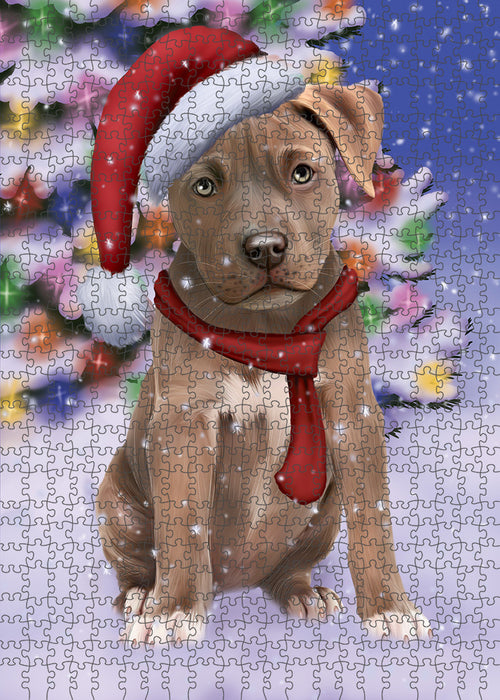 Winterland Wonderland Pit bull Dog In Christmas Holiday Scenic Background Puzzle with Photo Tin PUZL80780