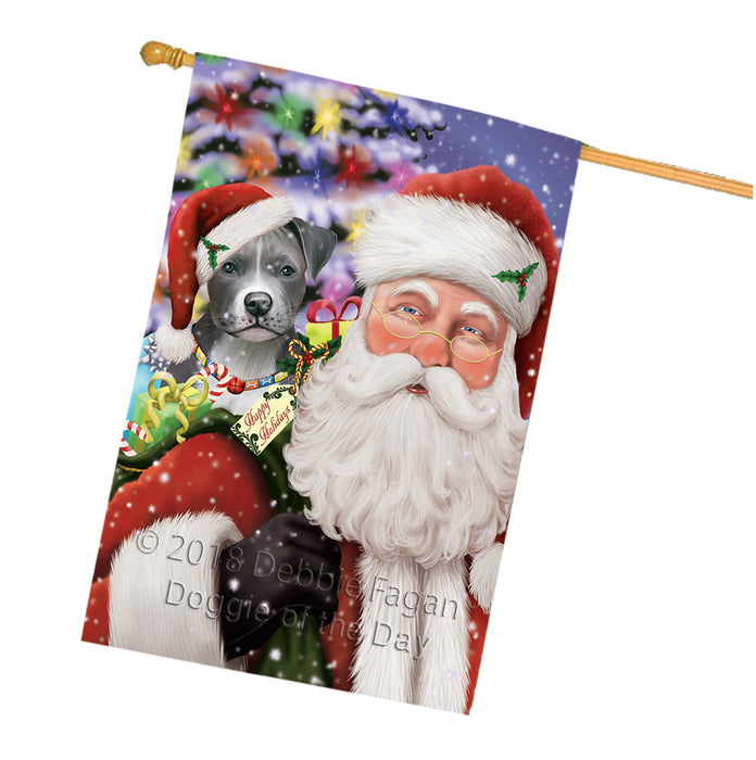 Santa Carrying Pit Bull Dog and Christmas Presents House Flag FLG54201
