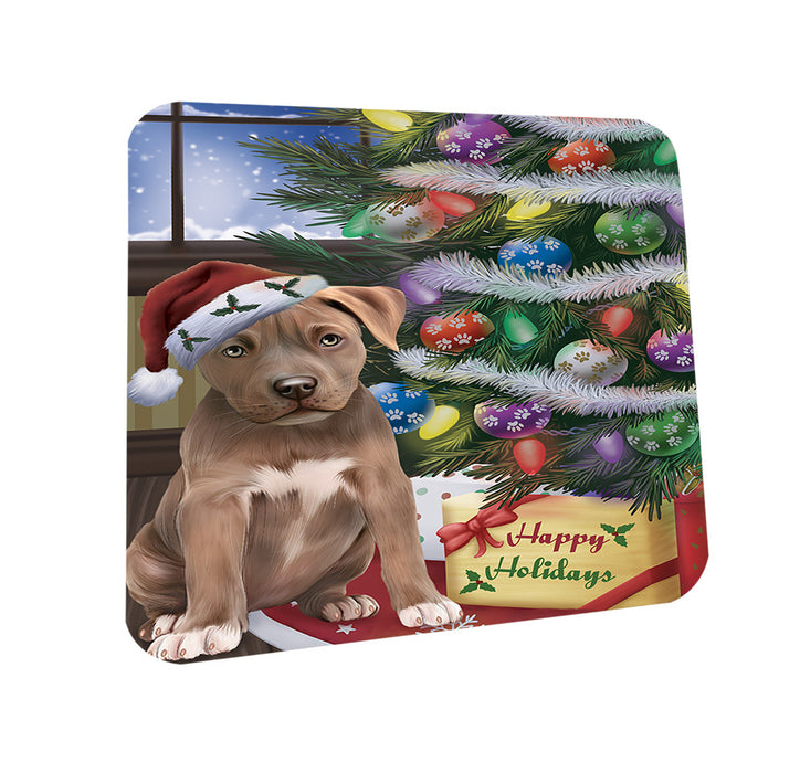 Christmas Happy Holidays Pit Bull Dog with Tree and Presents Coasters Set of 4 CST53801
