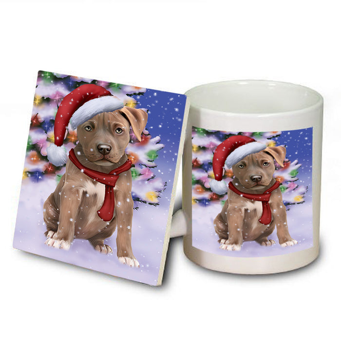 Winterland Wonderland Pit bull Dog In Christmas Holiday Scenic Background  Mug and Coaster Set MUC53398