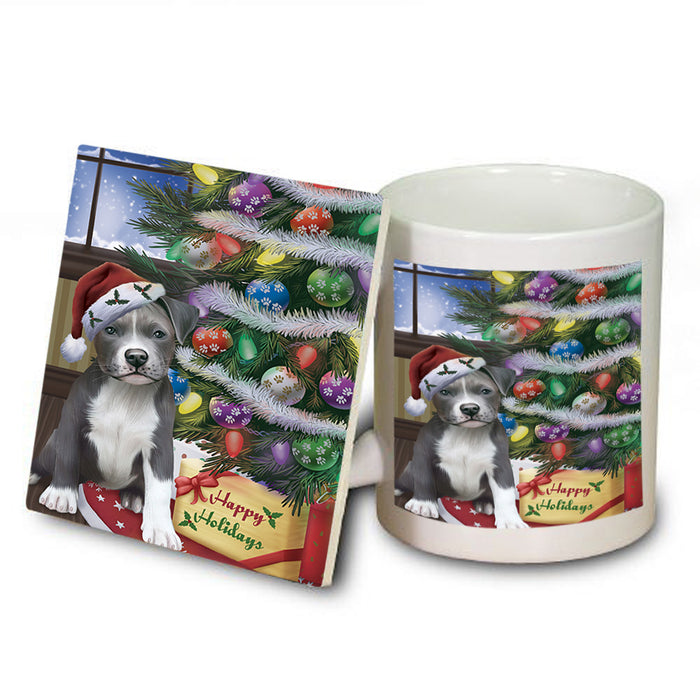 Christmas Happy Holidays Pit Bull Dog with Tree and Presents Mug and Coaster Set MUC53836