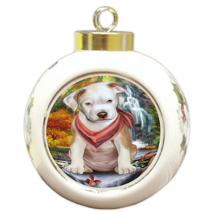 Scenic Waterfall Pit Bull Dog Round Ball Christmas Ornament RBPOR51923