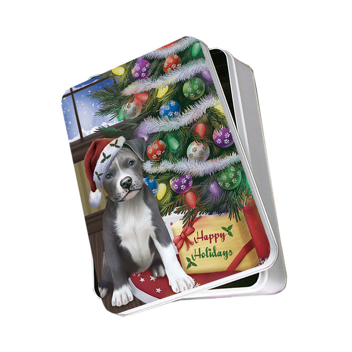 Christmas Happy Holidays Pit Bull Dog with Tree and Presents Photo Storage Tin PITN53787