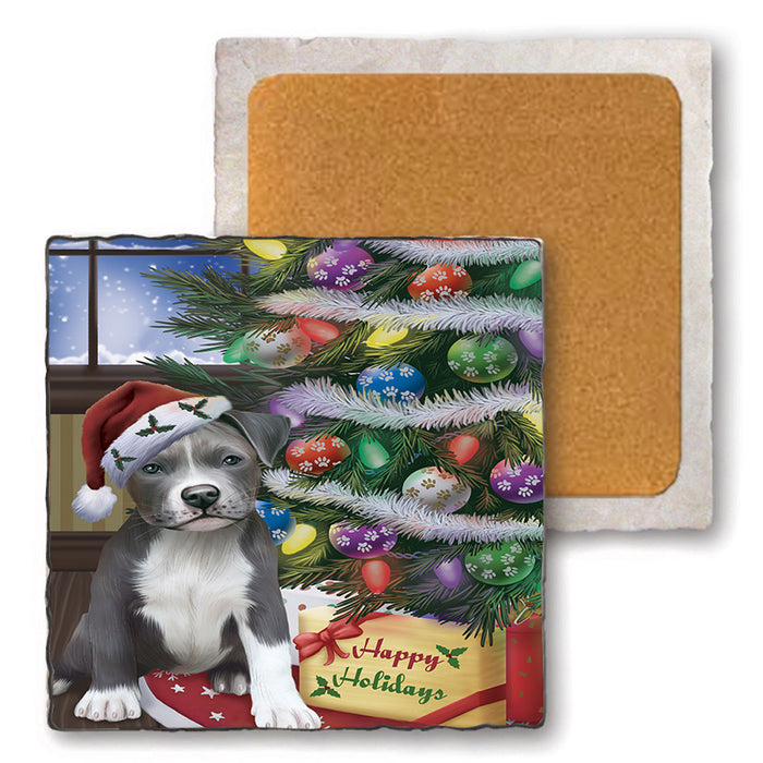 Christmas Happy Holidays Pit Bull Dog with Tree and Presents Set of 4 Natural Stone Marble Tile Coasters MCST48844