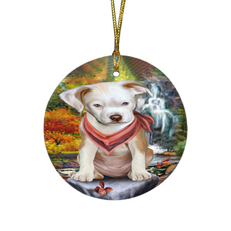 Scenic Waterfall Pit Bull Dog Round Flat Christmas Ornament RFPOR51914