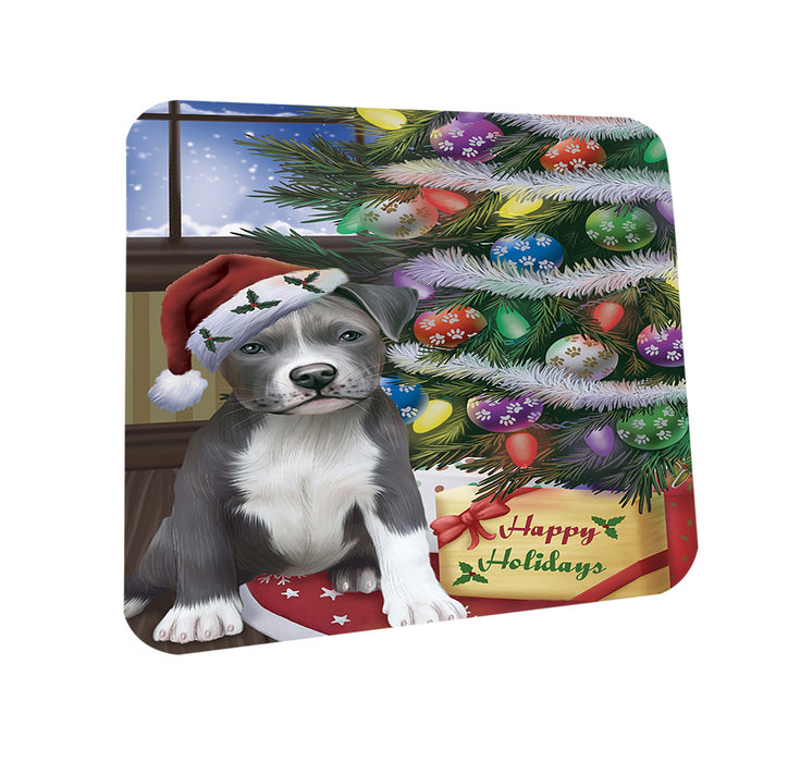 Christmas Happy Holidays Pit Bull Dog with Tree and Presents Coasters Set of 4 CST53802