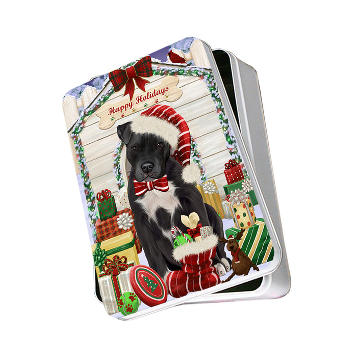 Happy Holidays Christmas Pit Bull Dog House With Presents Photo Storage Tin PITN52171