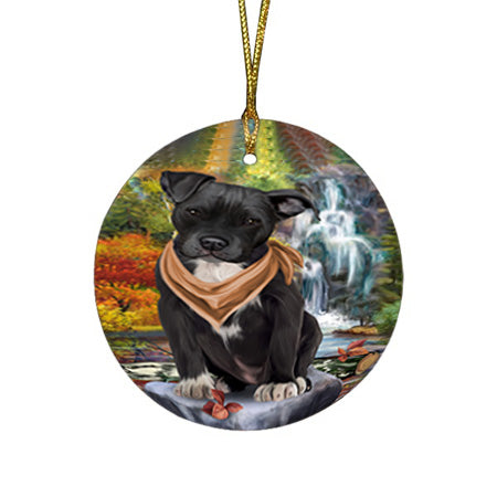 Scenic Waterfall Pit Bull Dog Round Flat Christmas Ornament RFPOR51915