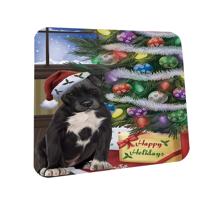 Christmas Happy Holidays Pit Bull Dog with Tree and Presents Coasters Set of 4 CST53803