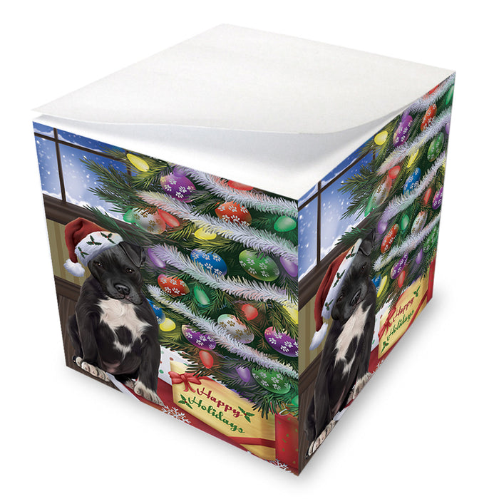 Christmas Happy Holidays Pit Bull Dog with Tree and Presents Note Cube NOC55491