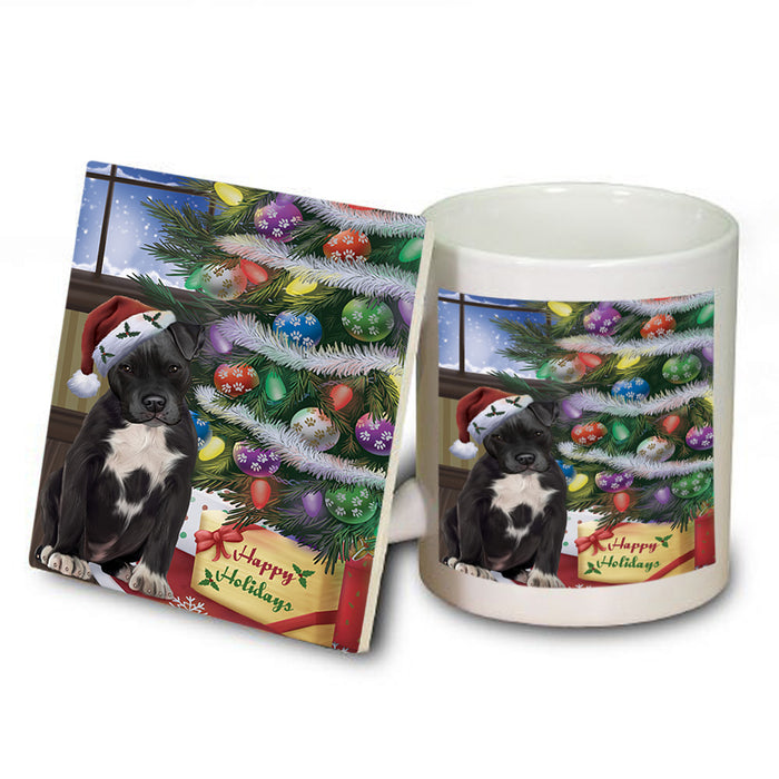 Christmas Happy Holidays Pit Bull Dog with Tree and Presents Mug and Coaster Set MUC53837