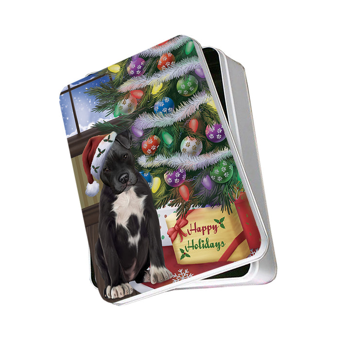Christmas Happy Holidays Pit Bull Dog with Tree and Presents Photo Storage Tin PITN53788