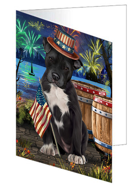 4th of July Independence Day Fireworks Pit bull Dog at the Lake Handmade Artwork Assorted Pets Greeting Cards and Note Cards with Envelopes for All Occasions and Holiday Seasons GCD57635