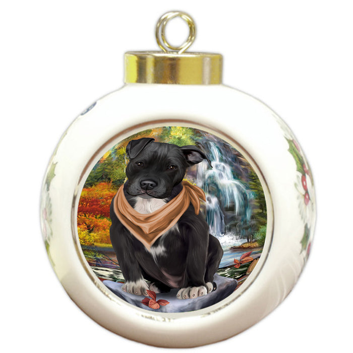 Scenic Waterfall Pit Bull Dog Round Ball Christmas Ornament RBPOR51924