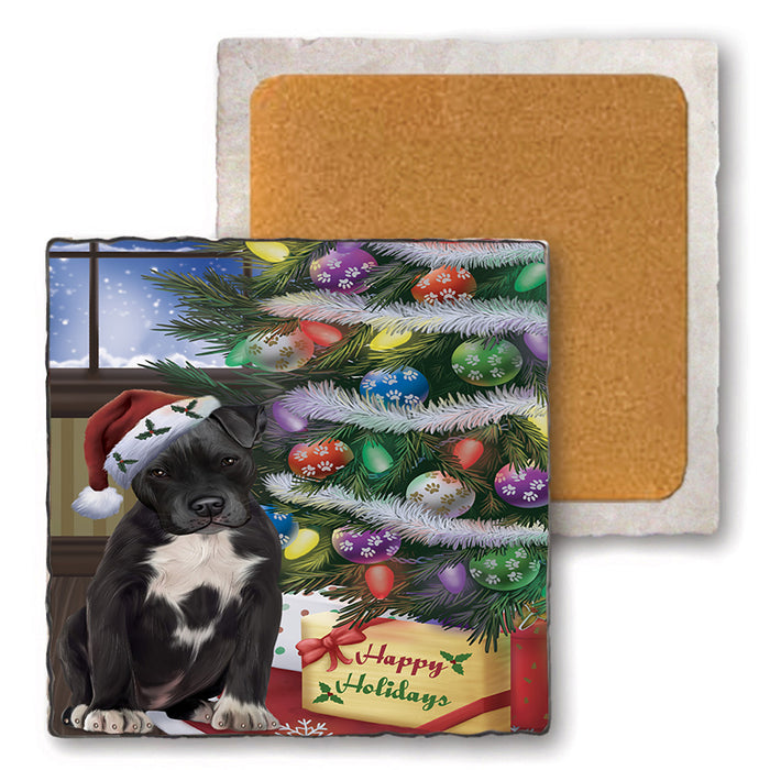 Christmas Happy Holidays Pit Bull Dog with Tree and Presents Set of 4 Natural Stone Marble Tile Coasters MCST48845