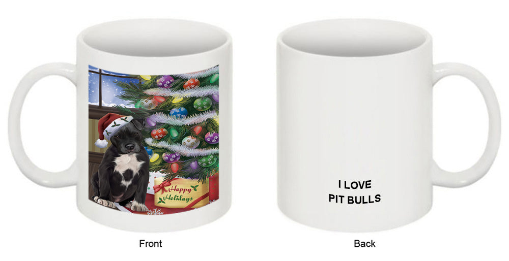 Christmas Happy Holidays Pit Bull Dog with Tree and Presents Coffee Mug MUG49243