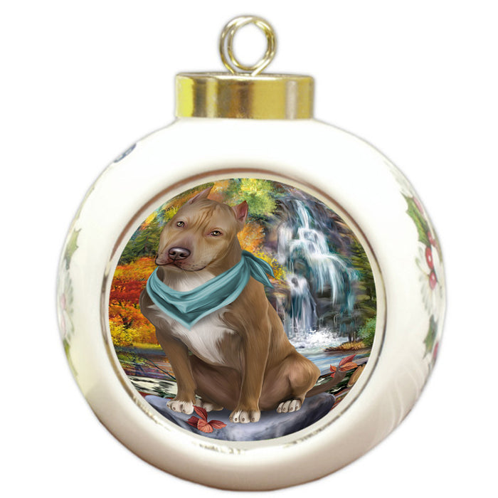 Scenic Waterfall Pit Bull Dog Round Ball Christmas Ornament RBPOR51925