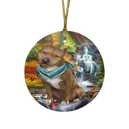 Scenic Waterfall Pit Bull Dog Round Flat Christmas Ornament RFPOR51916