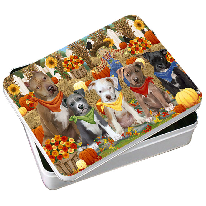 Fall Festive Gathering Pit Bulls Dog with Pumpkins Photo Storage Tin PITN50792