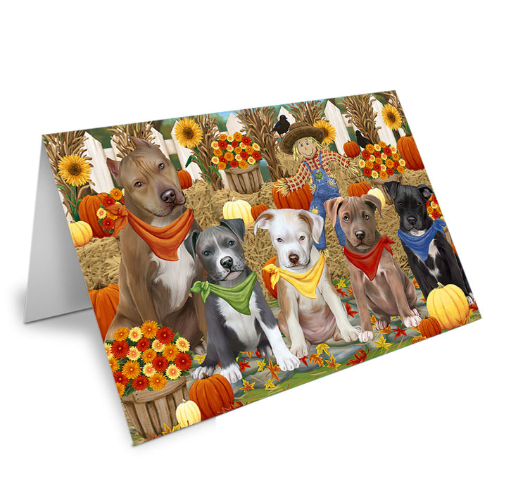 Fall Festive Gathering Pit Bulls Dog with Pumpkins Handmade Artwork Assorted Pets Greeting Cards and Note Cards with Envelopes for All Occasions and Holiday Seasons GCD56405