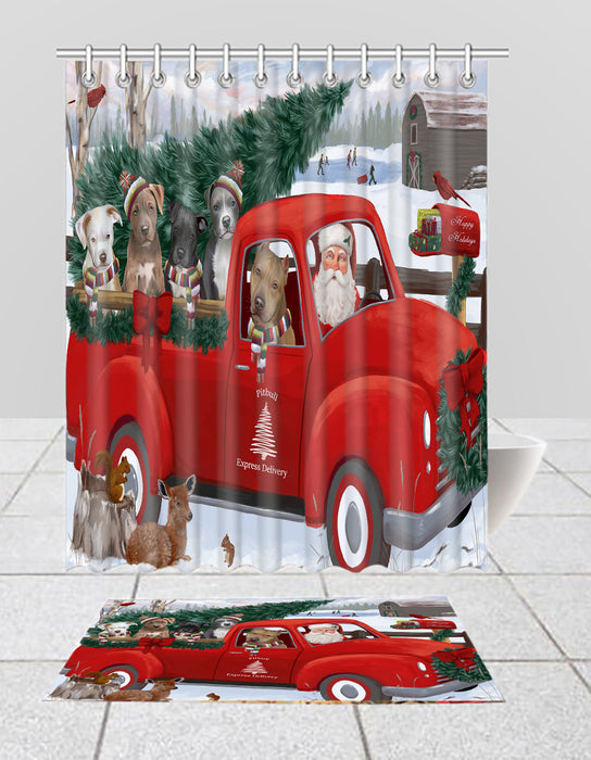 Christmas Santa Express Delivery Red Truck Pit Bull Dogs Bath Mat and Shower Curtain Combo