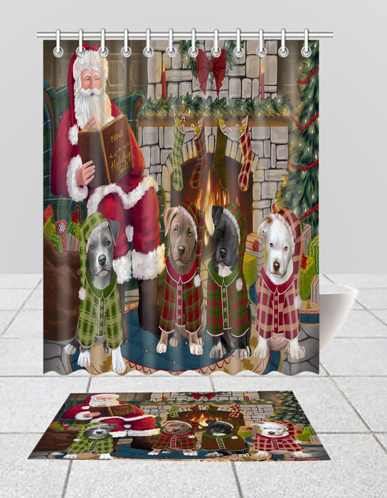 Christmas Cozy Holiday Fire Tails Pit Bull Dogs Bath Mat and Shower Curtain Combo