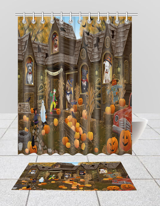 Haunted House Halloween Trick or Treat Pit Bull Dogs  Bath Mat and Shower Curtain Combo