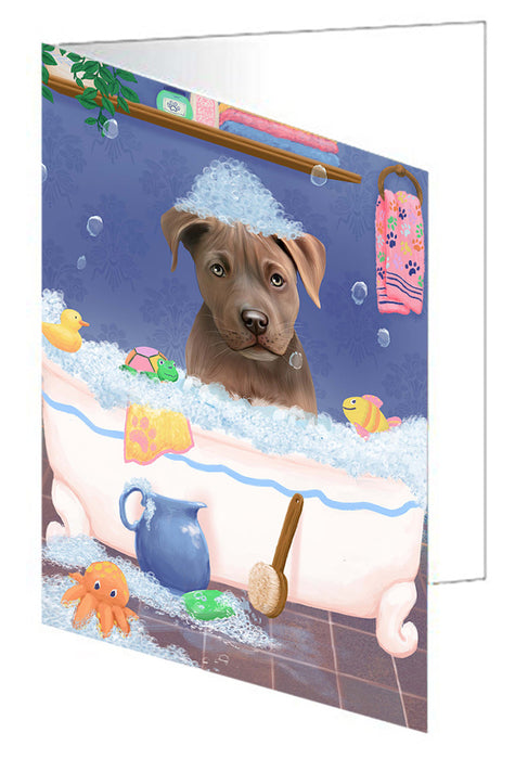 Rub A Dub Dog In A Tub Pitbull Dog Handmade Artwork Assorted Pets Greeting Cards and Note Cards with Envelopes for All Occasions and Holiday Seasons GCD79547
