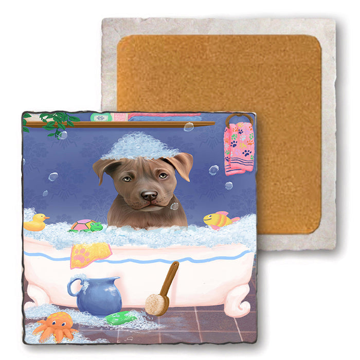 Rub A Dub Dog In A Tub Pit Bull Dog Set of 4 Natural Stone Marble Tile Coasters MCST52411