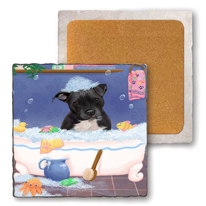 Rub A Dub Dog In A Tub Pit Bull Dog Set of 4 Natural Stone Marble Tile Coasters MCST52412