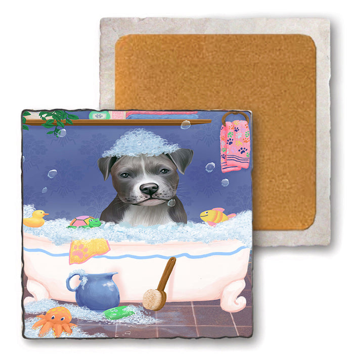 Rub A Dub Dog In A Tub Pit Bull Dog Set of 4 Natural Stone Marble Tile Coasters MCST52414