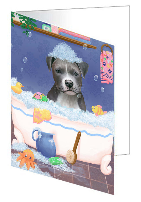 Rub A Dub Dog In A Tub Pitbull Dog Handmade Artwork Assorted Pets Greeting Cards and Note Cards with Envelopes for All Occasions and Holiday Seasons GCD79556